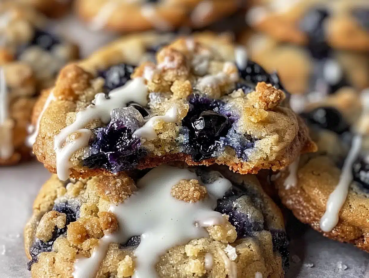 Close-up of blueberry muffin cookies with streusel topping and icing drizzle on parchment paper.