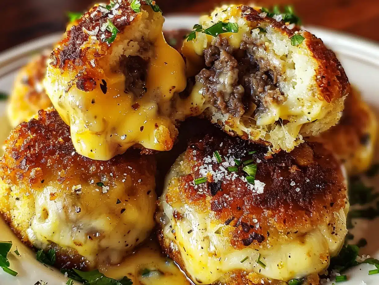 Close-up of golden baked garlic parmesan cheeseburger bombs oozing melted cheddar cheese and sprinkled with fresh parsley