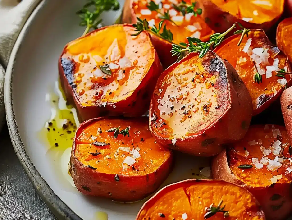 Close-up of golden roasted sweet potato cubes garnished with sea salt and fresh herbs on a rustic plate