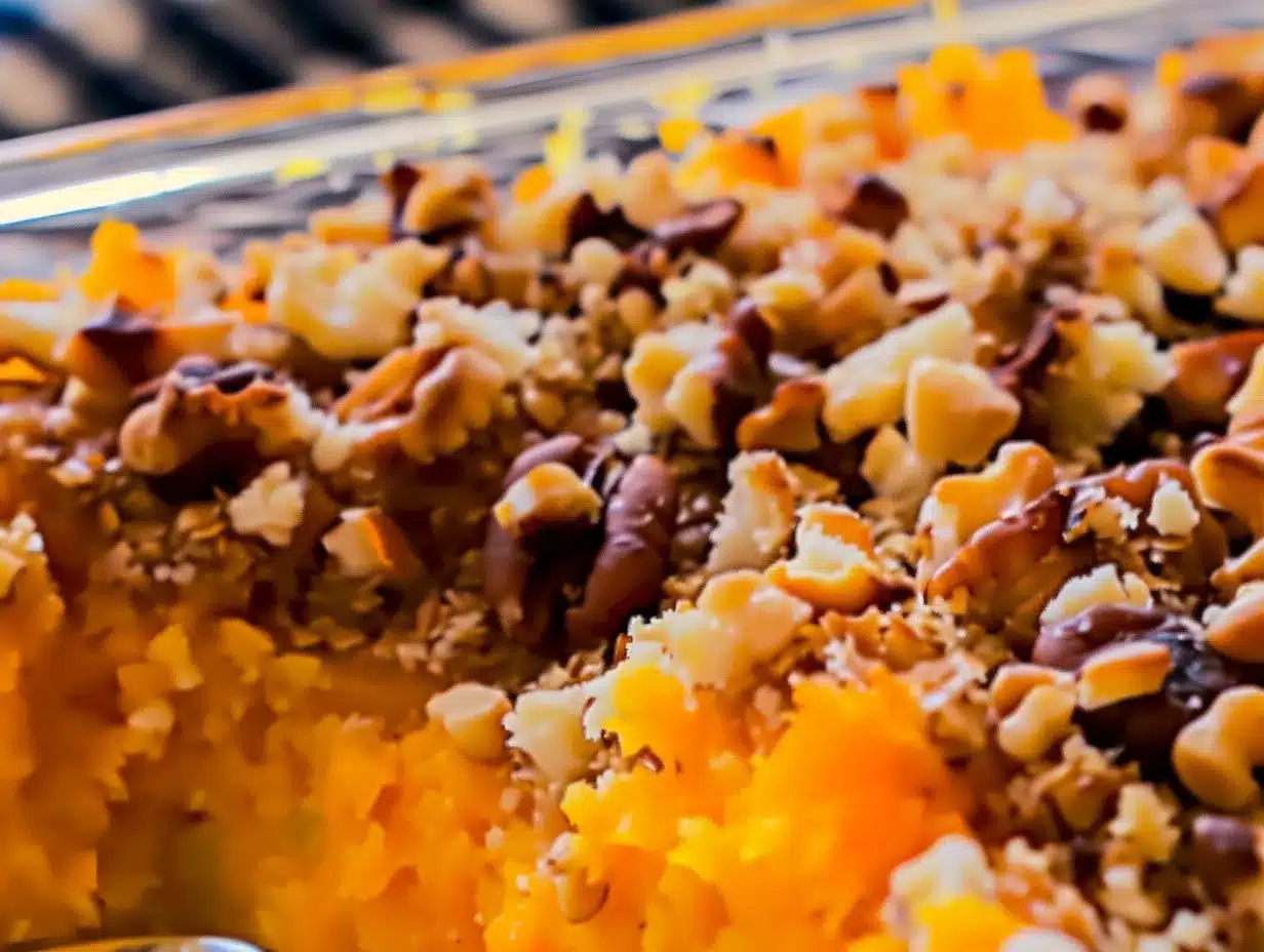 Close-up of Ruth's Chris sweet potato casserole topped with chopped pecans in a baking dish