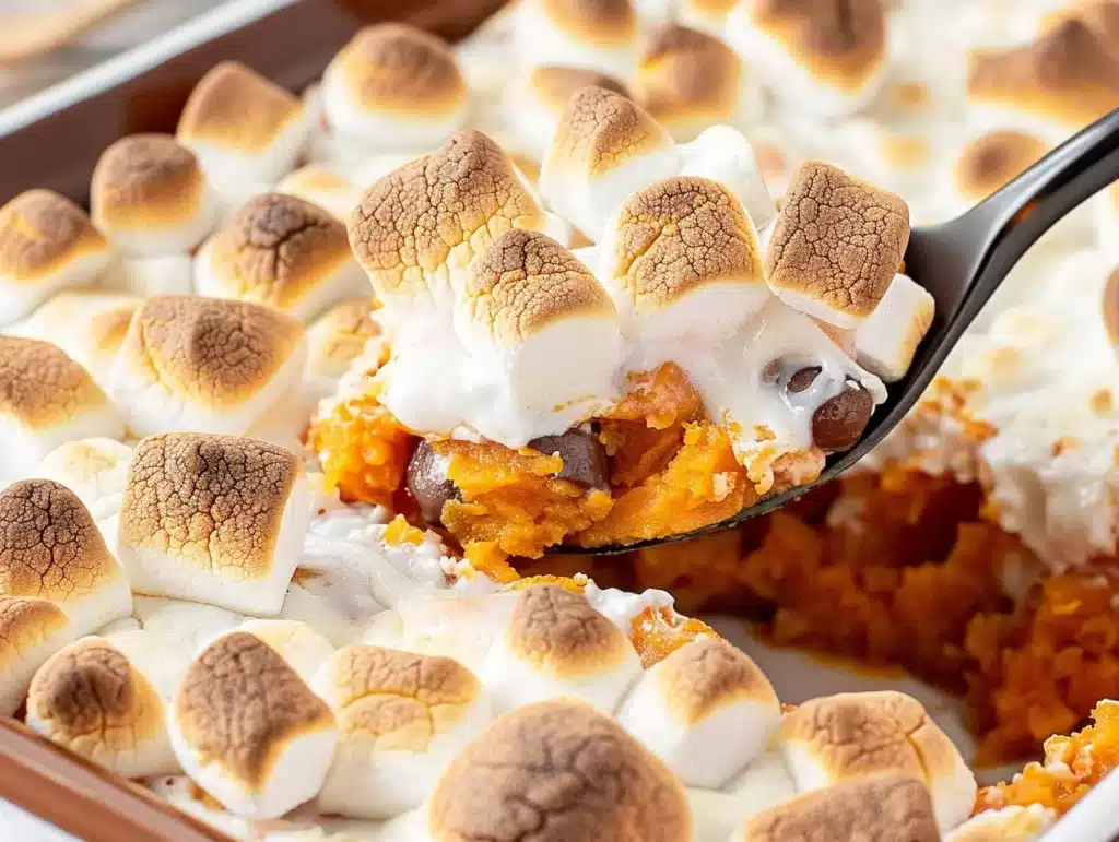 Close-up of golden toasted marshmallow topping on creamy sweet potato casserole with pecans