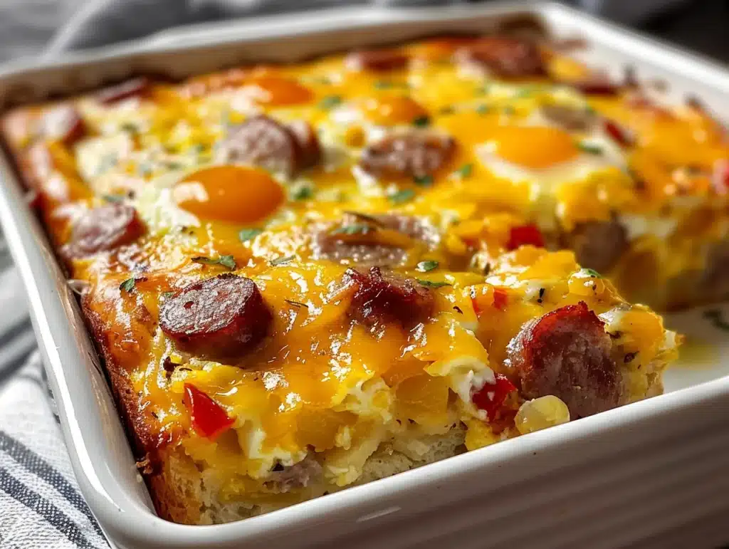 Close-up of a cheesy egg bake sausage casserole in a white dish with golden melted cheese and sausage pieces.