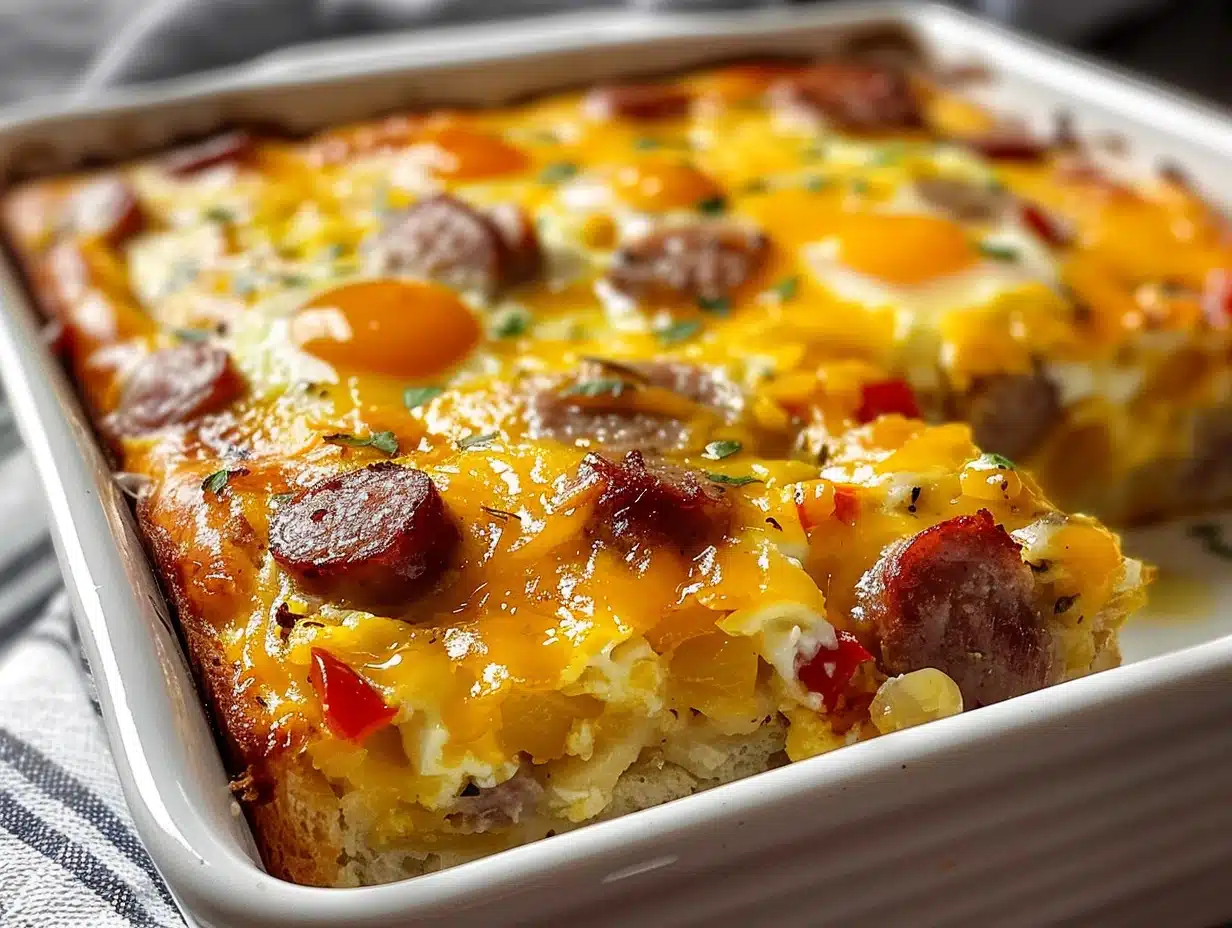 Close-up of a cheesy egg bake sausage casserole in a white dish with golden melted cheese and sausage pieces.