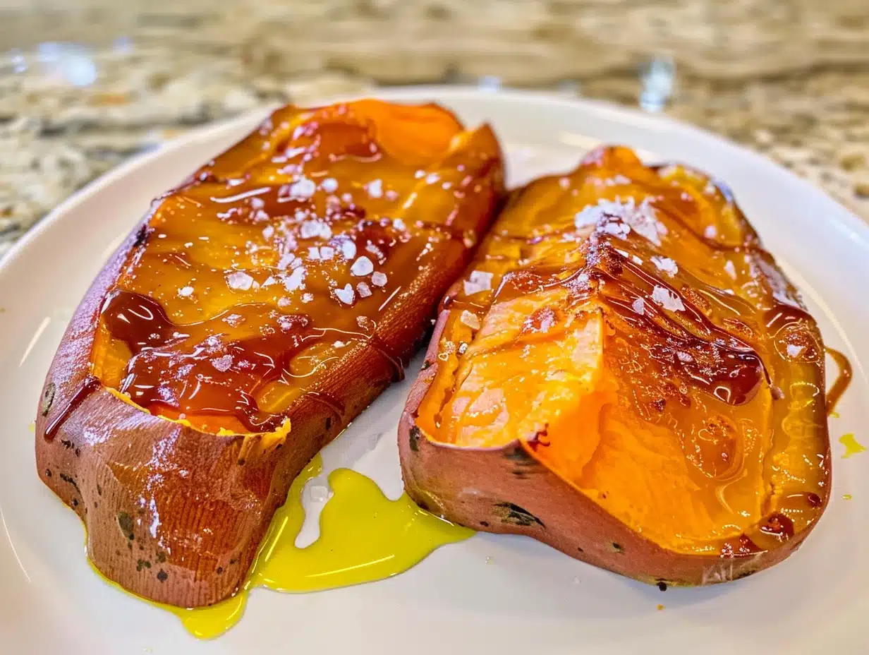 Glossy caramelized cut-side-down baked sweet potato halves with vivid orange interiors and flaky sea salt garnish