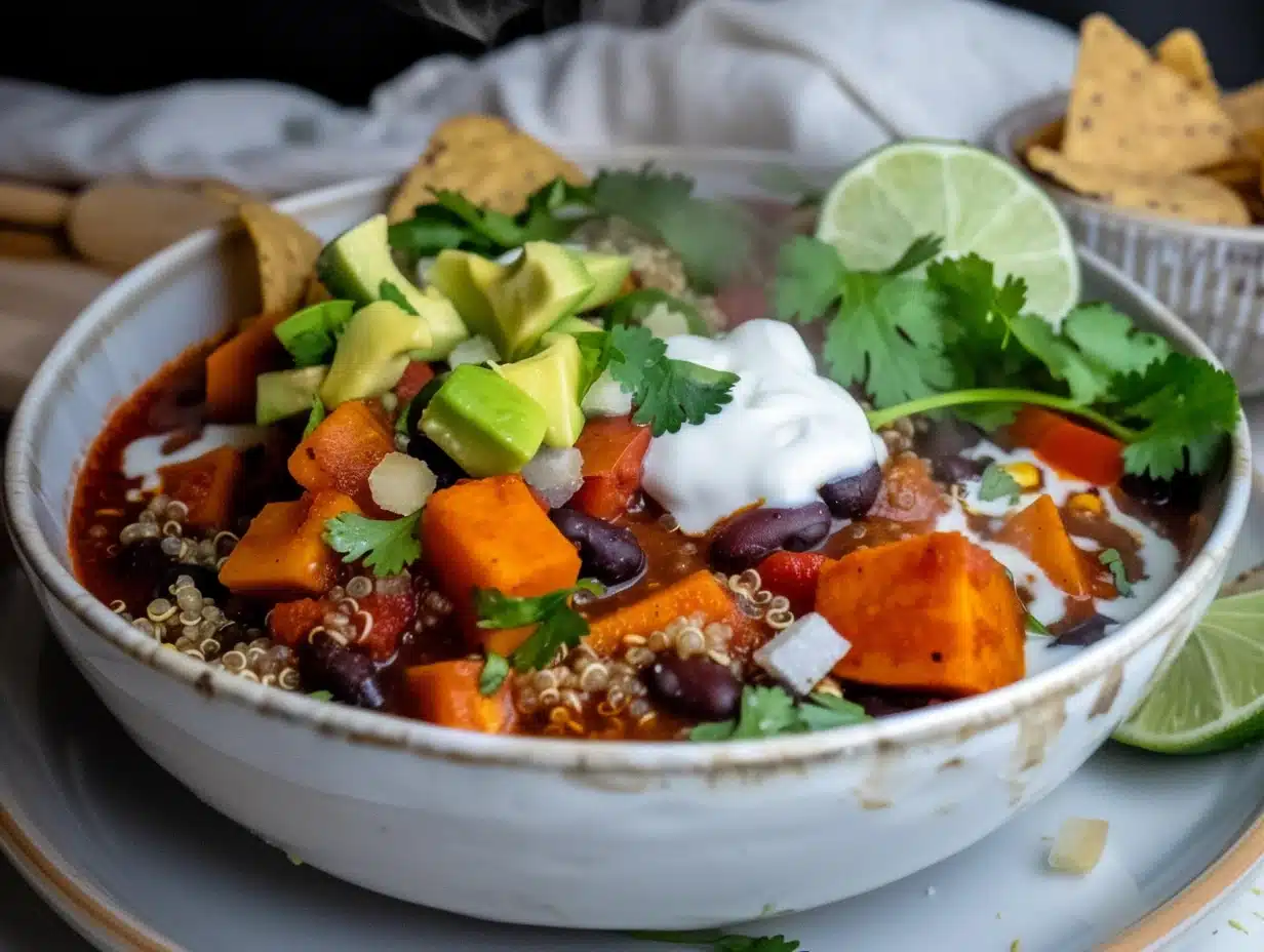 Sweet Potato and Black Bean Chili Bake in a bowl with avocado, cilantro, sour cream, and tortilla chips, vibrant and steaming.