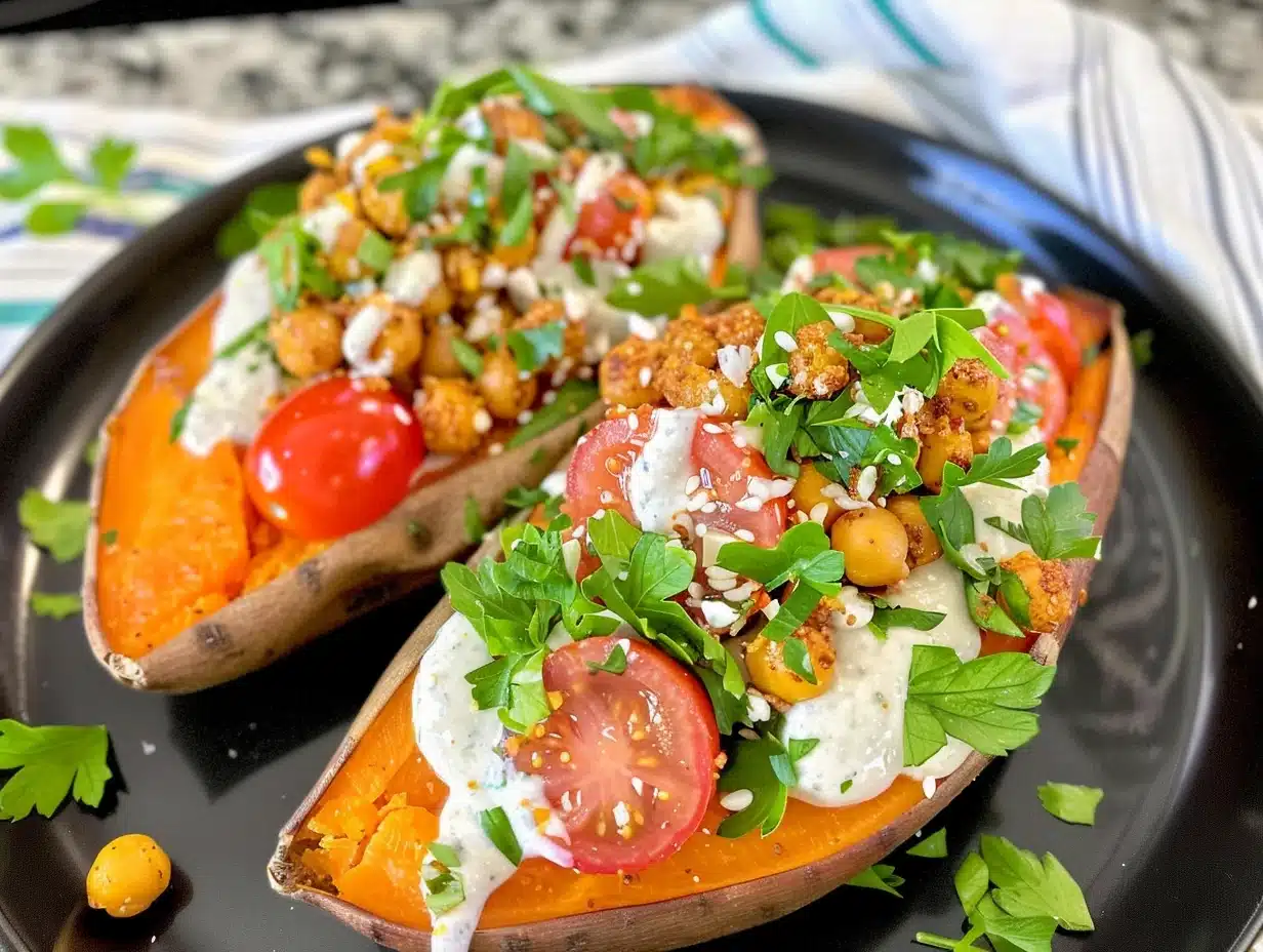 Colorful Mediterranean Baked Sweet Potatoes with roasted chickpeas, parsley-tomato salad, and creamy garlic-herb sauce on a black plate